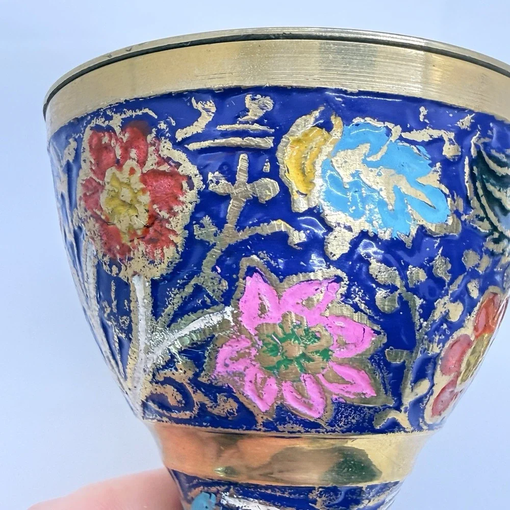 Vintage Brass Meenakari Enamel Bakhoor Burners Pair Floral Chalice Altar Decor